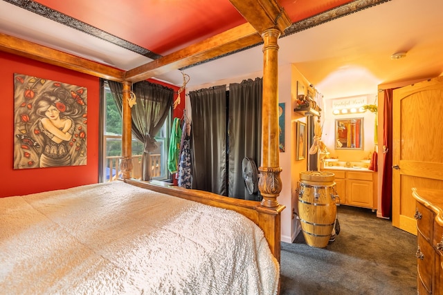 19744 Ivey Rd, Chelsea, MI 48118 - bedroom featuring dark carpet, beam ceiling, and connected bathroom