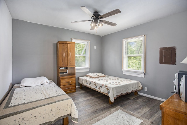 565 E Rockford Rd, Idlewild, MI 49642 - bedroom with electric panel, multiple windows, dark wood finished floors, and ceiling fan