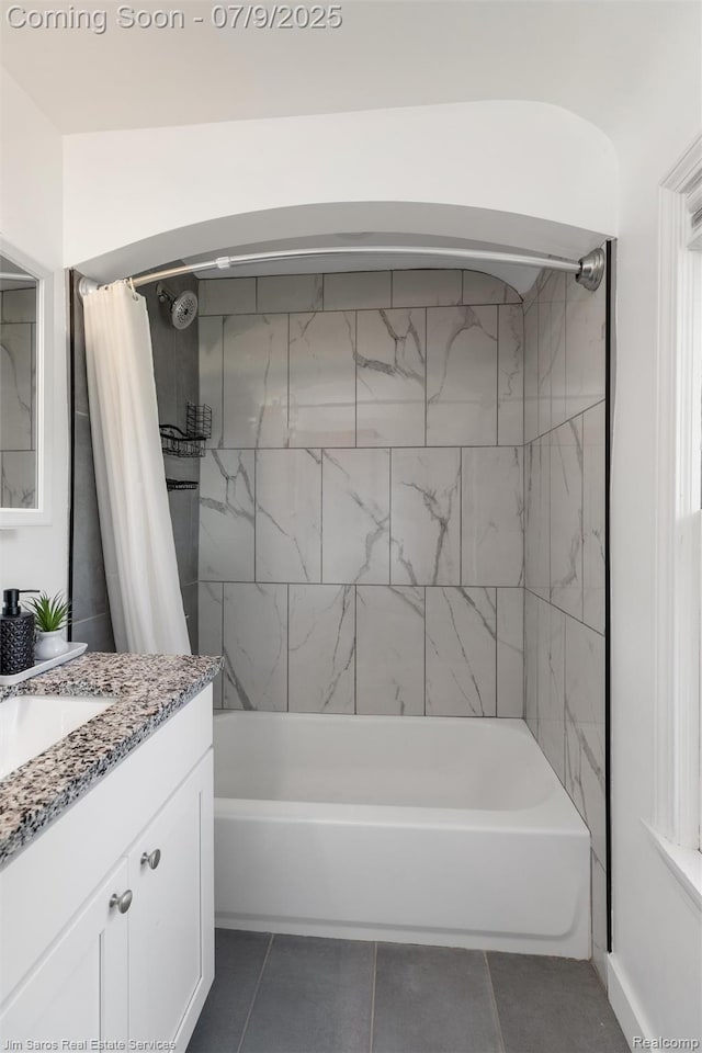 2182 Hawthorne Rd, Detroit, MI 48236 - bathroom featuring vanity, shower / bath combo, and tile patterned floors