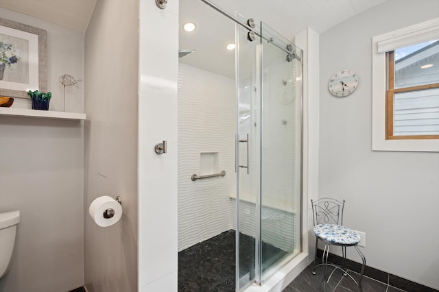 5090 Schrah Dr, Munith, MI 49259 - full bathroom with a shower stall, lofted ceiling, and recessed lighting