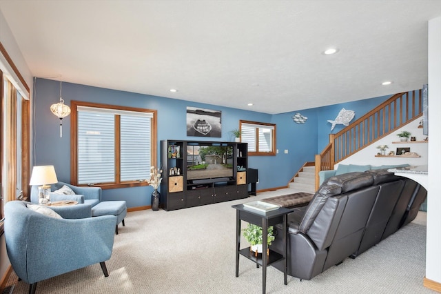 5090 Schrah Dr, Munith, MI 49259 - carpeted living area with stairway and recessed lighting