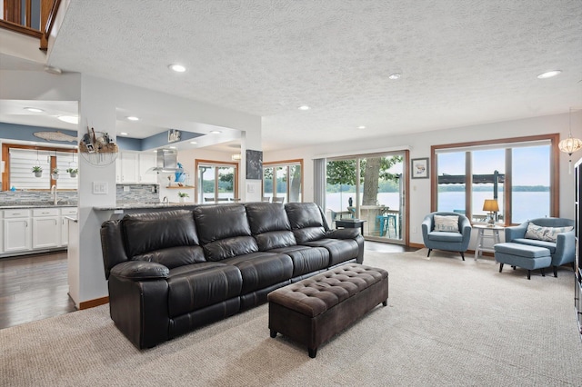 5090 Schrah Dr, Munith, MI 49259 - carpeted living area featuring recessed lighting, a textured ceiling, a water view, and wood finished floors