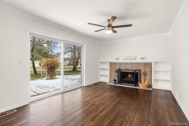 36393 Dardanella St, Livonia, MI 48152 - unfurnished living room with wood finished floors, a ceiling fan, a brick fireplace, and ornamental molding