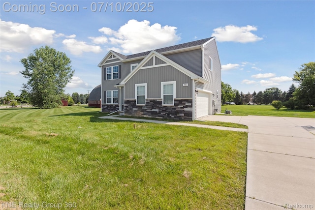 7057 Primrose Ln, Grand Blanc, MI 48439 - view of front facade with an attached garage, concrete driveway, stone siding, a front lawn, and board and batten siding