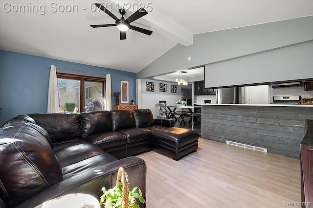 4674 Chapel Dr, Troy, MI 48085 - living room with beamed ceiling, light wood-type flooring, a ceiling fan, a chandelier, and high vaulted ceiling