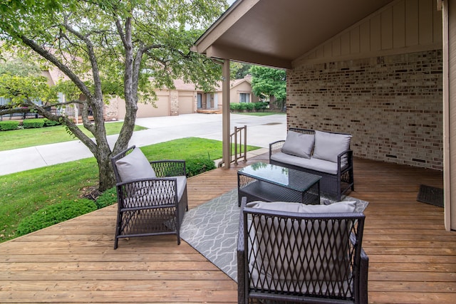 37516 N Laurel Park Dr, Livonia, MI 48152 - wooden terrace with outdoor lounge area and a lawn