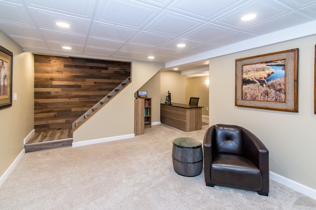 37516 N Laurel Park Dr, Livonia, MI 48152 - living area with recessed lighting, stairway, and carpet flooring
