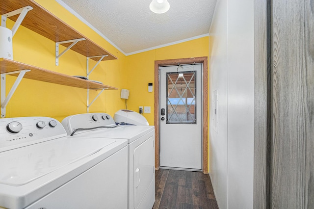 36466 M 40, Paw Paw, MI 49079 - laundry area featuring washer and clothes dryer, a textured ceiling, dark wood-style flooring, and crown molding
