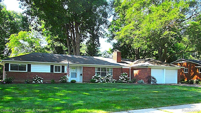 34005 Alta Loma Dr, Farmington, MI 48335 - ranch-style home with brick siding, a garage, a chimney, and a front lawn