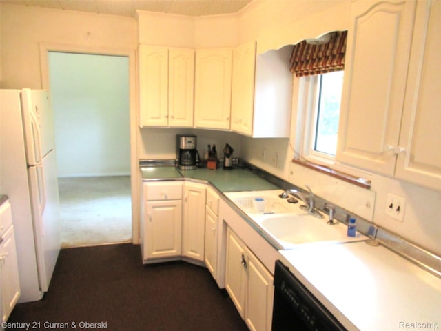 34005 Alta Loma Dr, Farmington, MI 48335 - kitchen with freestanding refrigerator, white cabinets, dark colored carpet, black dishwasher, and light countertops