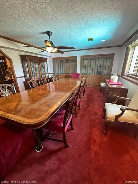 22770 Shadowglen Dr, Farmington Hills, MI 48335 - dining room featuring carpet, a textured ceiling, and ceiling fan