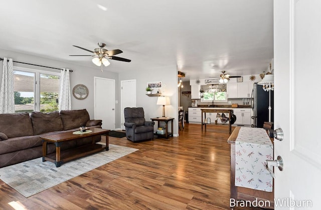 2289 S Sullivan Rd, Ravenna, MI 49451 - living area featuring a ceiling fan and dark wood finished floors