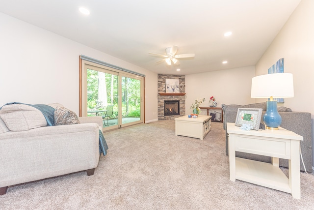 2728 Kimberley Rd, Ann Arbor, MI 48104 - living room featuring a ceiling fan, light colored carpet, recessed lighting, and a stone fireplace