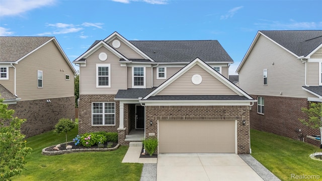 3860 Summit Dr, Sterling Heights, MI 48314 - traditional-style home featuring brick siding, driveway, a front yard, and roof with shingles