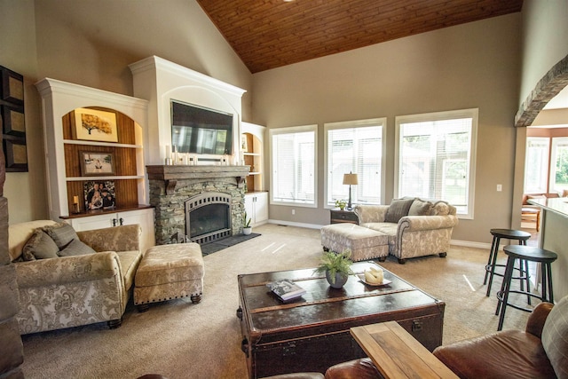 7380 Vassar Rd, Grand Blanc, MI 48439 - living room featuring light colored carpet, high vaulted ceiling, wood ceiling, a fireplace, and built in shelves