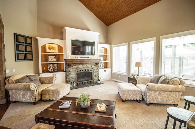7380 Vassar Rd, Grand Blanc, MI 48439 - carpeted living room with wood ceiling, high vaulted ceiling, and a fireplace