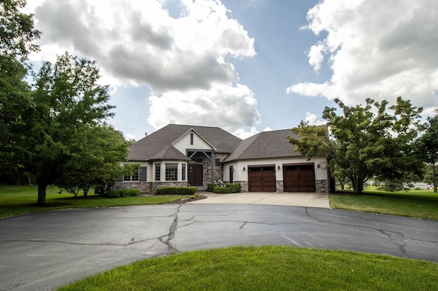7380 Vassar Rd, Grand Blanc, MI 48439 - craftsman inspired home featuring driveway, stone siding, a garage, a front yard, and stucco siding