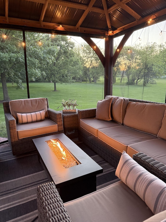 7380 Vassar Rd, Grand Blanc, MI 48439 - wooden terrace with an outdoor living space with a fire pit, a lawn, and a gazebo