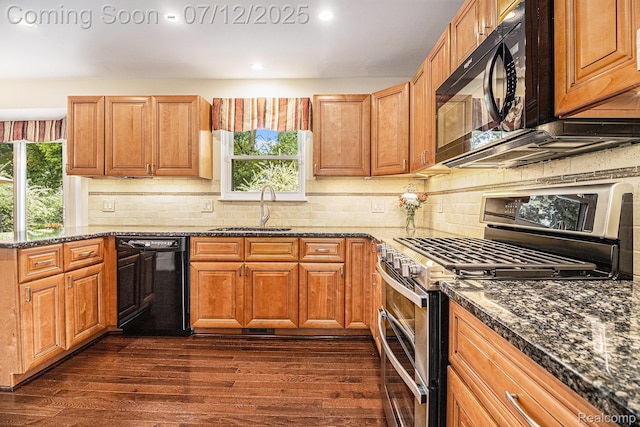 1558 Valentine Ct, Canton, MI 48188 - kitchen featuring black appliances, dark wood-type flooring, dark stone counters, decorative backsplash, and recessed lighting