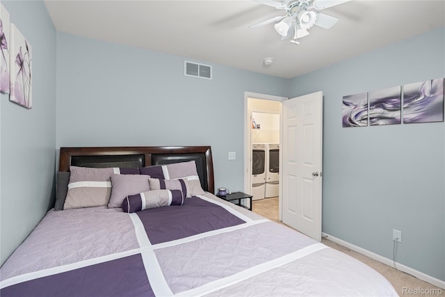 838 Star Dr, Davison, MI 48423 - carpeted bedroom featuring separate washer and dryer and a ceiling fan