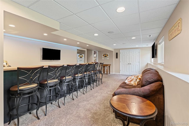 838 Star Dr, Davison, MI 48423 - home theater with a dry bar, light colored carpet, a drop ceiling, and recessed lighting