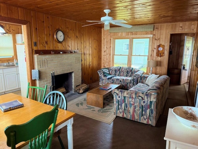 14450 Park Dr, Mecosta, MI 49332 - living area with wooden walls, wood ceiling, a ceiling fan, and a fireplace