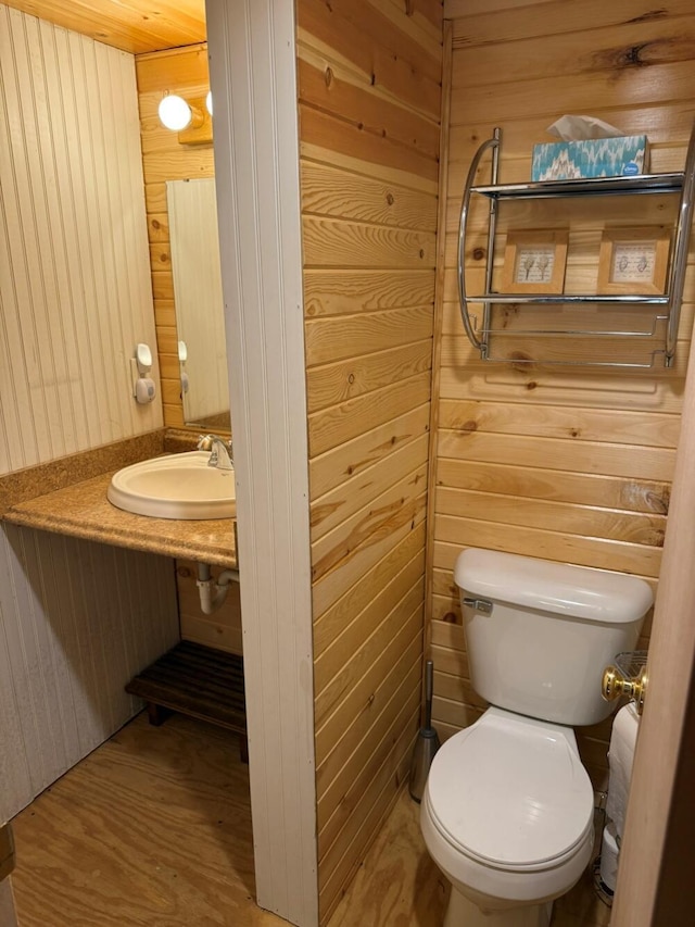 14450 Park Dr, Mecosta, MI 49332 - bathroom featuring wood walls and wood finished floors