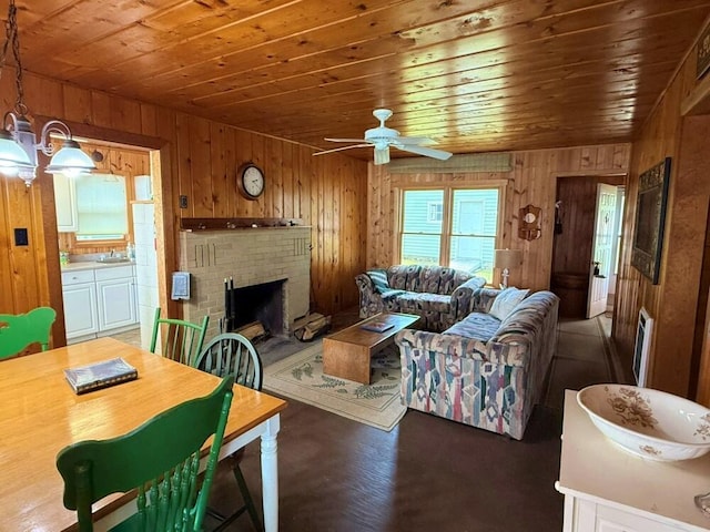 14450 Park Dr, Mecosta, MI 49332 - living area with wood walls, wooden ceiling, a ceiling fan, and a fireplace