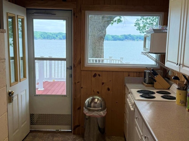 14450 Park Dr, Mecosta, MI 49332 - kitchen with white electric range oven, healthy amount of natural light, and white cabinetry