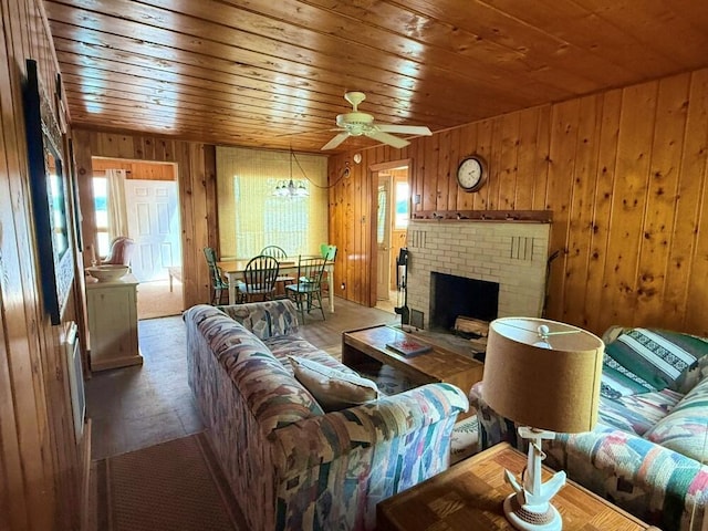14450 Park Dr, Mecosta, MI 49332 - living room with wood walls, ceiling fan, wood ceiling, and a brick fireplace