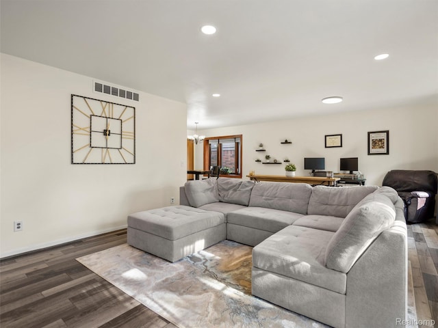 32721 Stoneybrook Ln, Macomb, MI 48026 - living room featuring wood finished floors, recessed lighting, a chandelier, and an office area