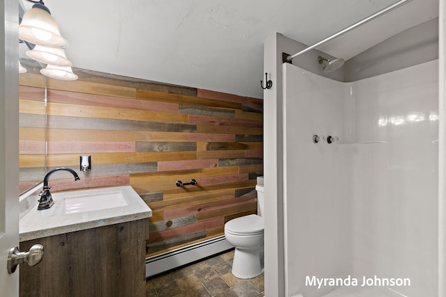 602 Elsa St, North Muskegon, MI 49445 - full bathroom featuring baseboard heating, wood walls, a shower, and vanity