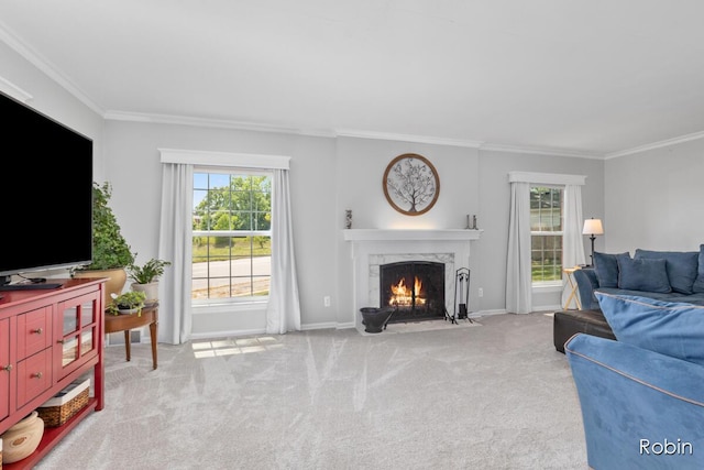 119 Bristol Ave NW, Grand Rapids, MI 49504 - carpeted living area featuring crown molding and a fireplace