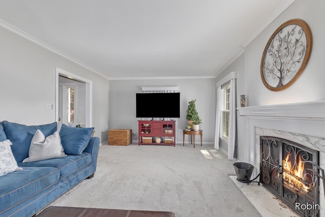 119 Bristol Ave NW, Grand Rapids, MI 49504 - carpeted living area with crown molding, healthy amount of natural light, and a fireplace