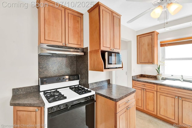 816 E 3rd St, Royal Oak, MI 48067 - kitchen with white gas range oven, under cabinet range hood, stainless steel microwave, dark countertops, and a ceiling fan