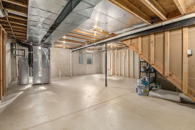8767 Lilly Dr, Ypsilanti, MI 48197 - basement with gas water heater, heating unit, and electric panel
