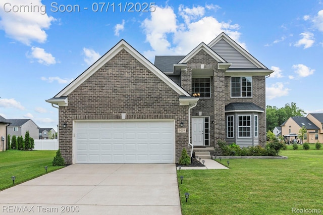 9019 Elbert Dr, Romulus, MI 48174 - traditional-style house with brick siding, concrete driveway, a front yard, and an attached garage
