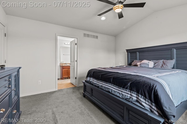 9019 Elbert Dr, Romulus, MI 48174 - bedroom with light colored carpet, lofted ceiling, ensuite bath, recessed lighting, and a ceiling fan
