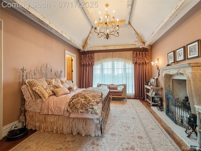 2756 Turtle Bluff Dr, Bloomfield Hills, MI 48302 - bedroom with a chandelier, wood finished floors, high vaulted ceiling, and beamed ceiling