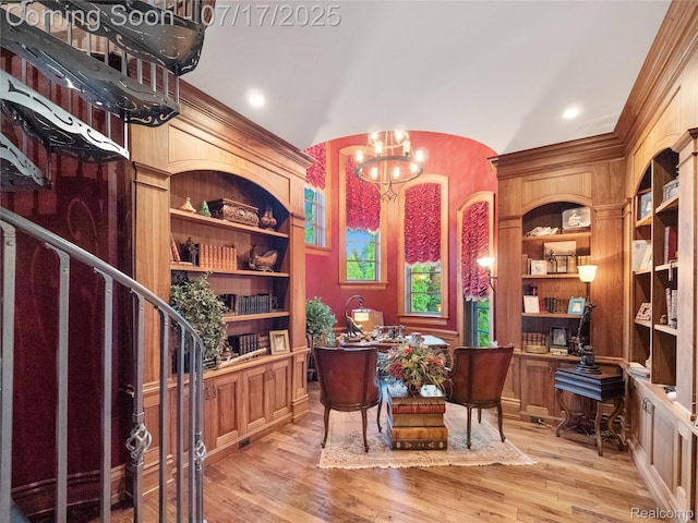 2756 Turtle Bluff Dr, Bloomfield Hills, MI 48302 - office space featuring a chandelier, light wood-type flooring, and built in shelves