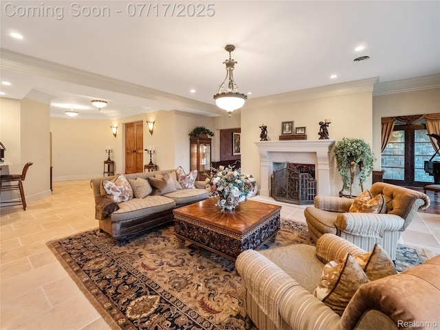 2756 Turtle Bluff Dr, Bloomfield Hills, MI 48302 - living room with recessed lighting, crown molding, and a premium fireplace