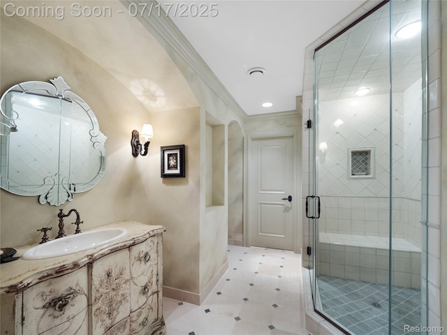2756 Turtle Bluff Dr, Bloomfield Hills, MI 48302 - bathroom with a stall shower, ornamental molding, and vanity