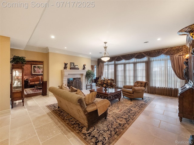 2756 Turtle Bluff Dr, Bloomfield Hills, MI 48302 - living room with a fireplace, ornamental molding, recessed lighting, and stone tile floors