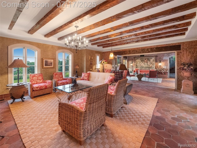 2756 Turtle Bluff Dr, Bloomfield Hills, MI 48302 - living room featuring a chandelier and beam ceiling
