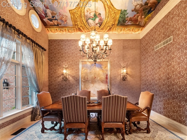 2756 Turtle Bluff Dr, Bloomfield Hills, MI 48302 - dining room with a chandelier, wallpapered walls, and crown molding