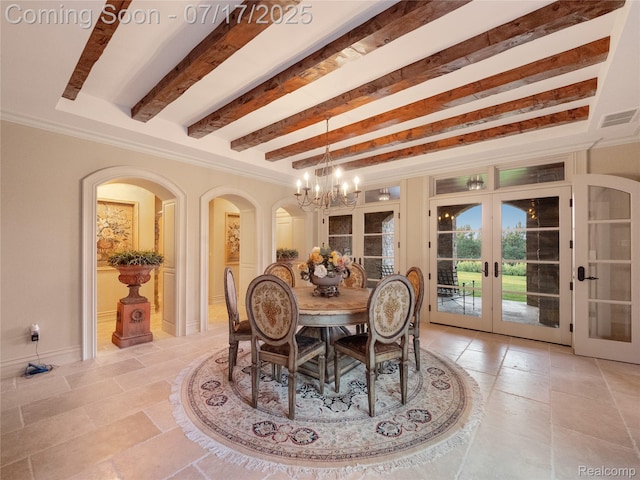 2756 Turtle Bluff Dr, Bloomfield Hills, MI 48302 - dining space featuring french doors, a chandelier, arched walkways, beam ceiling, and stone tile flooring