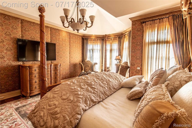2756 Turtle Bluff Dr, Bloomfield Hills, MI 48302 - bedroom featuring a chandelier, wallpapered walls, wood finished floors, and ornamental molding