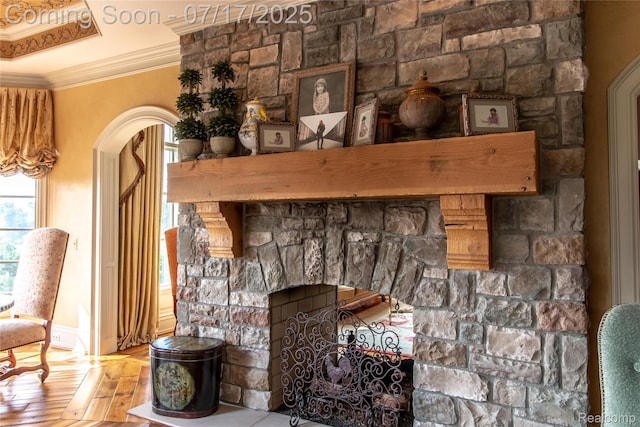 2756 Turtle Bluff Dr, Bloomfield Hills, MI 48302 - detailed view of arched walkways, wood finished floors, crown molding, and a fireplace