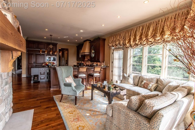 2756 Turtle Bluff Dr, Bloomfield Hills, MI 48302 - living room featuring crown molding, recessed lighting, and dark wood-style flooring