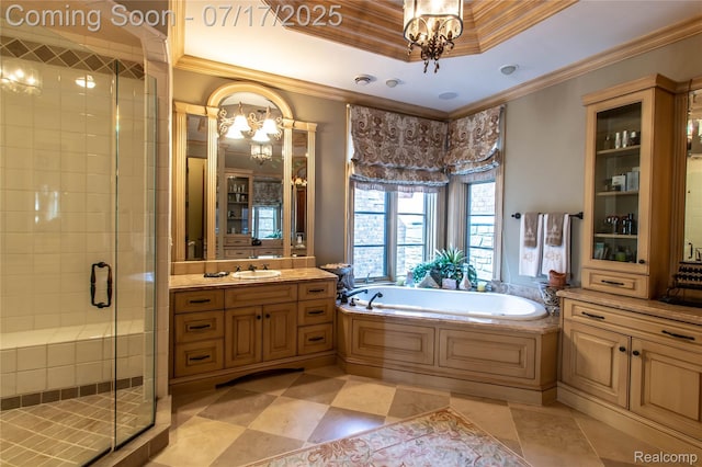 2756 Turtle Bluff Dr, Bloomfield Hills, MI 48302 - bathroom featuring a chandelier, vanity, a garden tub, a shower stall, and crown molding